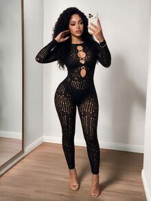 BamGleam Women's Hollow Out Sexy Daily Wear Jumpsuit - Black - View 1