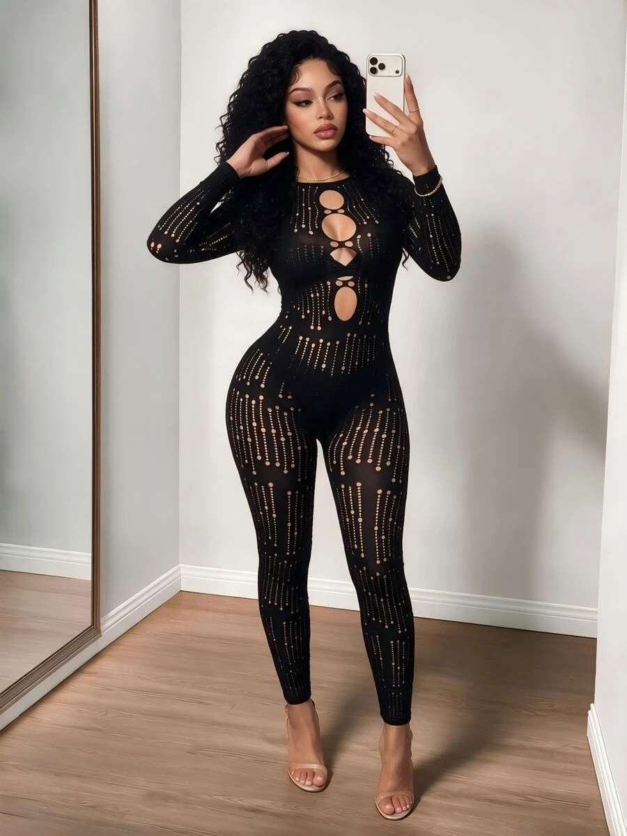 BamGleam Women's Hollow Out Sexy Daily Wear Jumpsuit - Black - View 1