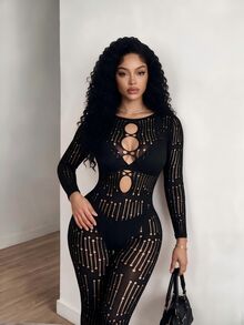 BamGleam Women's Hollow Out Sexy Daily Wear Jumpsuit - Black - View 5