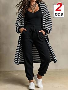 Ceyna Plus Size Women Solid Color Jumpsuit And Striped Cardigan Casual 2 Pieces Set - Black - View 5