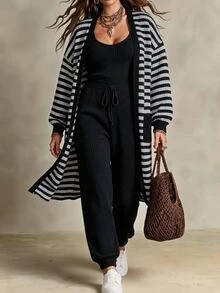 Ceyna Plus Size Women Solid Color Jumpsuit And Striped Cardigan Casual 2 Pieces Set - Black - View 4