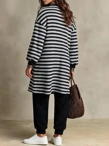 Ceyna Plus Size Women Solid Color Jumpsuit And Striped Cardigan Casual 2 Pieces Set - Black - View 2