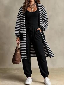 Ceyna Plus Size Women Solid Color Jumpsuit And Striped Cardigan Casual 2 Pieces Set - Black - View 3