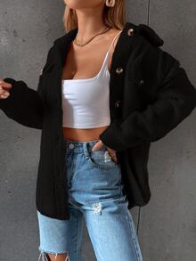 SHEIN Unity Abrigo teddy con bolsillo con solapa de hombros caídos - Negro - Ver 4