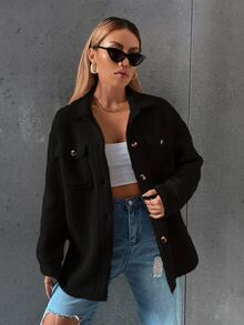 SHEIN Unity Abrigo teddy con bolsillo con solapa de hombros caídos - Negro - Ver 6