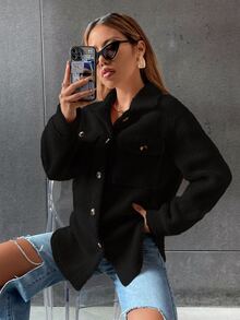 SHEIN Unity Abrigo teddy con bolsillo con solapa de hombros caídos - Negro - Ver 5