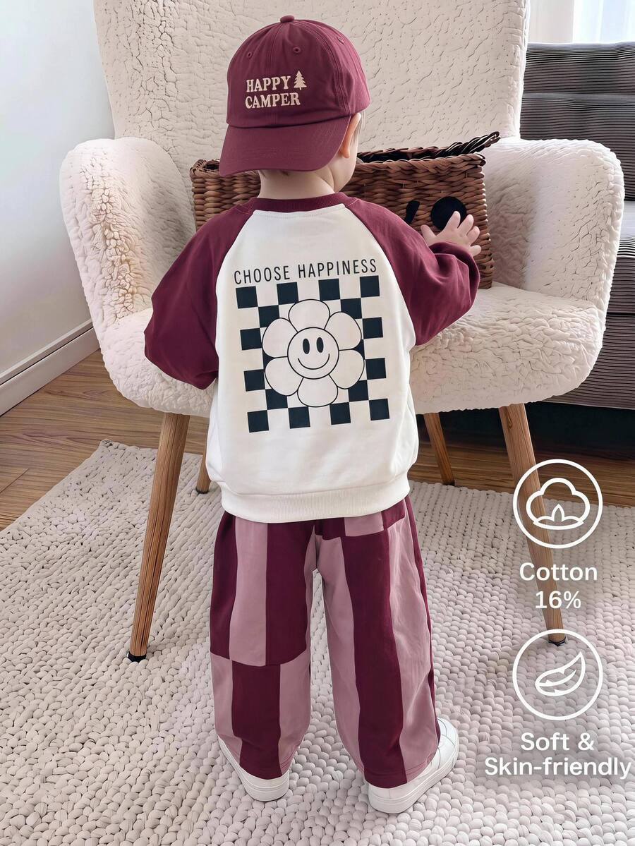 2pcs/Set Boys Long Sleeve Sweatshirt & Pants Colorblock Print Set, Comfortable Sporty Style, Suitable For Autumn/Winter, Back To School, Summer, Daily Wear, Sports, Outdoor, Party - Burgundy - View 1