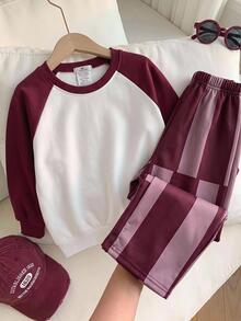 2pcs/Set Setelan Sweatshirt Lengan Panjang dan Celana Panjang Anak Laki-laki dengan Motif Blok Warna, Gaya Sporty yang Nyaman, Cocok untuk Musim Gugur/Dingin, Kembali ke Sekolah, Musim Panas, Pakaian Sehari-hari, Olahraga, Aktivitas Luar Ruangan, Pesta - Burgundy - View 3