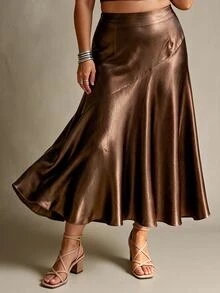 Ceyna Plus Size Women's Solid Color Glossy French Elegant Skirt - Brown - View 4