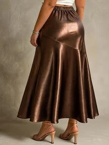 Ceyna Plus Size Women's Solid Color Glossy French Elegant Skirt - Brown - View 2