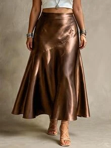 Ceyna Plus Size Women's Solid Color Glossy French Elegant Skirt - Brown - View 5