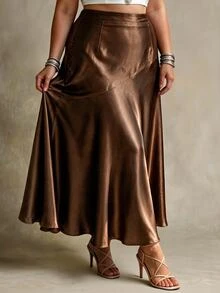 Ceyna Plus Size Women's Solid Color Glossy French Elegant Skirt - Brown - View 3