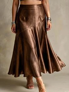 Ceyna Plus Size Women's Solid Color Glossy French Elegant Skirt - Brown - View 1