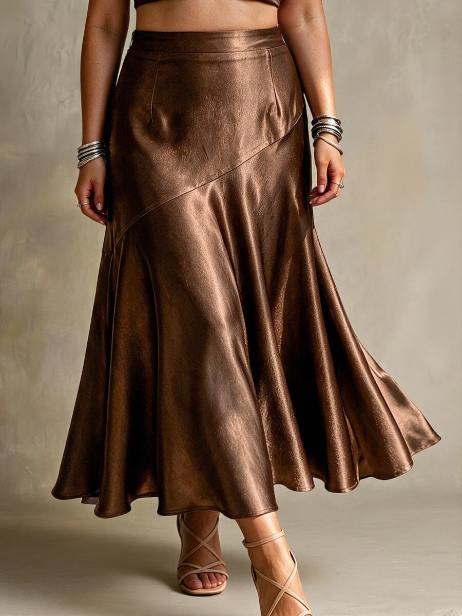 Ceyna Plus Size Women's Solid Color Glossy French Elegant Skirt - Brown - View 1
