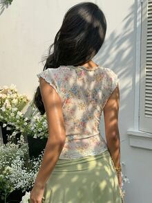 Sunnyshic Women Summer Cottage Core Cream Flowy Party Floral Mesh Print Patchwork Lace Trim Square Neck Cap Sleeve Fitted Short T-Shirt,Sweet Vacation Fashion - Multicolor - View 2