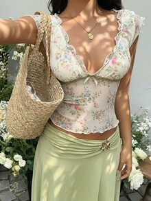 Sunnyshic Women Summer Cottage Core Cream Flowy Party Floral Mesh Print Patchwork Lace Trim Square Neck Cap Sleeve Fitted Short T-Shirt,Sweet Vacation Fashion - Multicolor - View 4