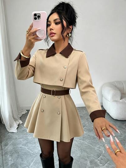 Elenzga Women's Fashion New Brown Lapel Double-Breasted Waist-Cinching Slimming Elegant Commute Date Business Trench Coat