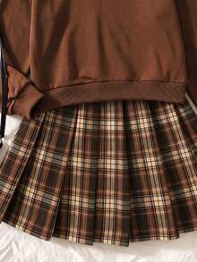 SHEIN Sparklyn 2pcs/Set Girls' Autumn/Winter Casual Loose Lapel Top With 2 In 1 Design + Striped Plaid Versatile Skirt, Preppy Style, Daily Wear, Outing, Party - Brown - View 5