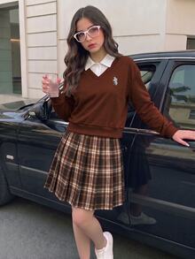 SHEIN Sparklyn 2pcs/Set Girls' Autumn/Winter Casual Loose Lapel Top With 2 In 1 Design + Striped Plaid Versatile Skirt, Preppy Style, Daily Wear, Outing, Party - Brown - View 4