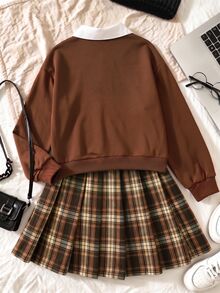 SHEIN Sparklyn 2pcs/Set Girls' Autumn/Winter Casual Loose Lapel Top With 2 In 1 Design + Striped Plaid Versatile Skirt, Preppy Style, Daily Wear, Outing, Party - Brown - View 2