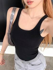DAZY 女式纯色圆领休闲保暖背心，秋冬 - 黑色 - 查看 10