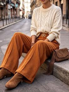 LUMIGAL Women's Corduroy Fabric Solid Color Straight Leg Casual Versatile Business Commute Pants Fall Winter - Brown - View 7