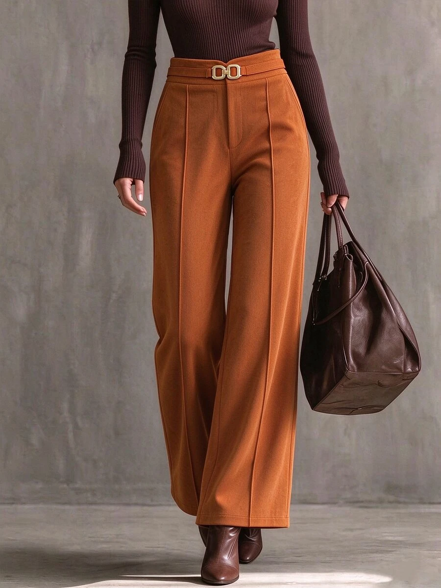 LUMIGAL Women's Corduroy Fabric Solid Color Straight Leg Casual Versatile Business Commute Pants Fall Winter - Brown - View 1