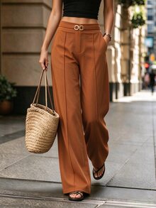 LUMIGAL Women's Corduroy Fabric Solid Color Straight Leg Casual Versatile Business Commute Pants Fall Winter - Brown - View 4
