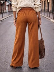LUMIGAL Women's Corduroy Fabric Solid Color Straight Leg Casual Versatile Business Commute Pants Fall Winter - Brown - View 2