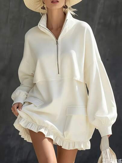 SHEIN Women's Casual Yet Elegant Short Dress For Autumn And Winter, Featuring Dropped Shoulders, A Partial Front Zip, Shoulder Seams, And A Stand Collar.