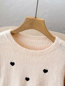 SHEIN Sweater Leher Bulat Bahu Longgar Motif Hati Musim Gugur/Dingin untuk Remaja Perempuan, Gaya Selebriti Kasual Sehari-hari - Aprikot - View 6