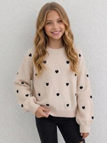 SHEIN Sweater Leher Bulat Bahu Longgar Motif Hati Musim Gugur/Dingin untuk Remaja Perempuan, Gaya Selebriti Kasual Sehari-hari - Aprikot - View 3