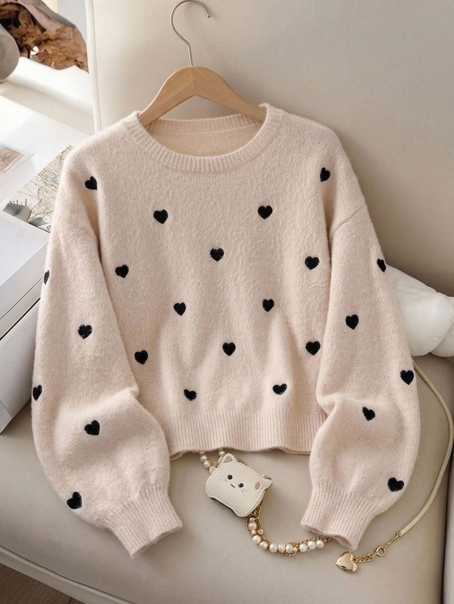 SHEIN Sweater Leher Bulat Bahu Longgar Motif Hati Musim Gugur/Dingin untuk Remaja Perempuan, Gaya Selebriti Kasual Sehari-hari - Aprikot - View 1