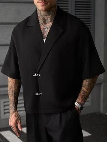 SLATEMANN 男士休閒飛機扣襯衫與鈕扣口袋長褲商務套裝 - 黑色 - 查看 7