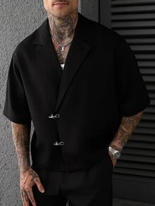 SLATEMANN 男士休閒飛機扣襯衫與鈕扣口袋長褲商務套裝 - 黑色 - 查看 6