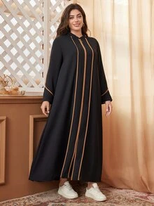 Al Najma Vestido largo de manga larga de estilo conservador y modesto con bloques de color, bata abaya de talla grande - Negro - Ver 6