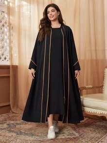Al Najma Vestido largo de manga larga de estilo conservador y modesto con bloques de color, bata abaya de talla grande - Negro - Ver 4