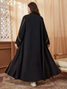 Al Najma Vestido largo de manga larga de estilo conservador y modesto con bloques de color, bata abaya de talla grande - Negro - Ver 2