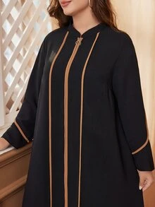 Al Najma Vestido largo de manga larga de estilo conservador y modesto con bloques de color, bata abaya de talla grande - Negro - Ver 3