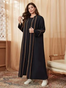 Al Najma Vestido largo de manga larga de estilo conservador y modesto con bloques de color, bata abaya de talla grande - Negro - Ver 1
