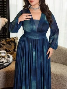 Modelyn 优雅休闲网纱拼接圆领套头针织褶皱垂褶大码女式长裙，春夏款 - 彩色 - 查看 7