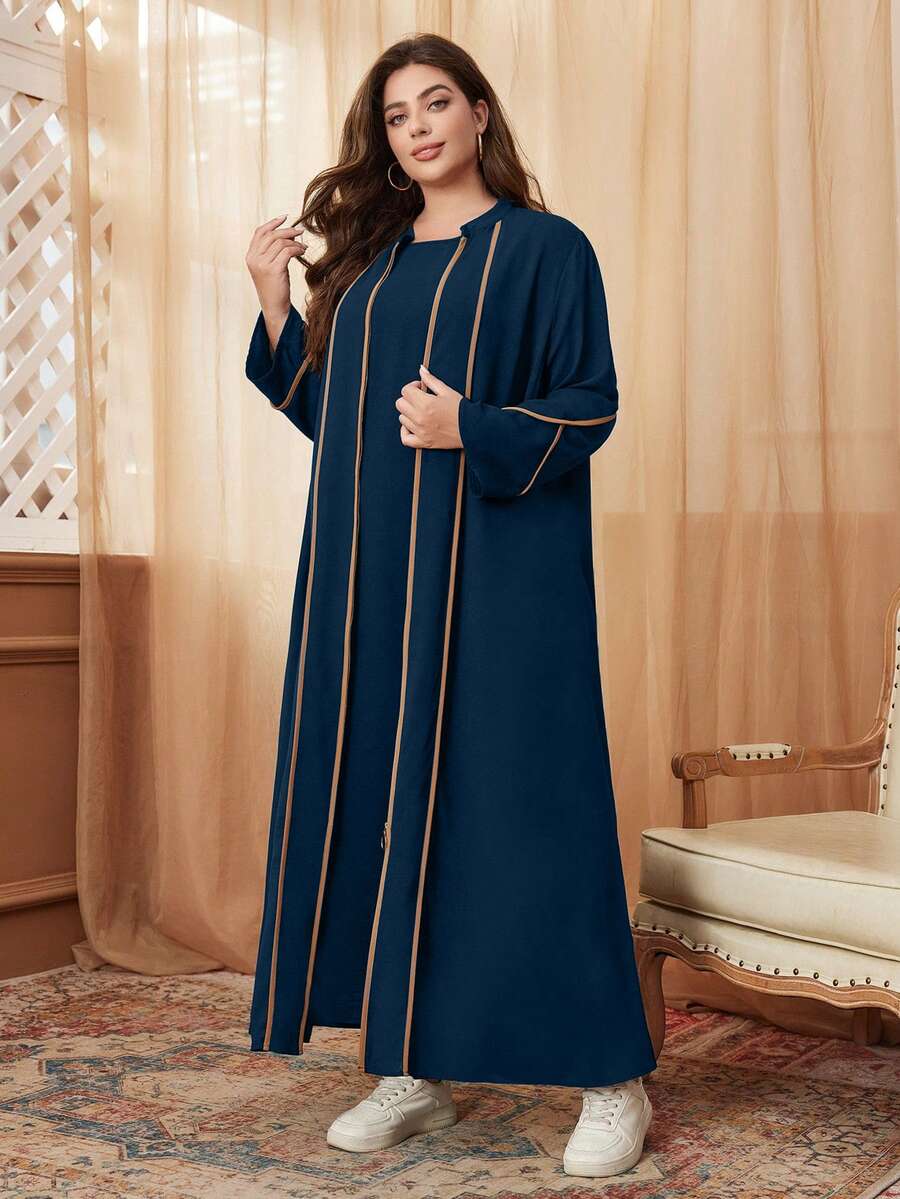 Al Najma Plus Size Color Block Casual Modest Arabic Style Dress, Robe Abaya - Navy Blue - View 1