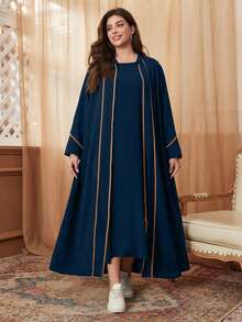 Al Najma Plus Size Color Block Casual Modest Arabic Style Dress, Robe Abaya - Navy Blue - View 7
