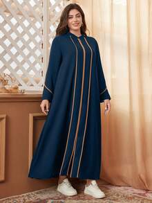 Al Najma Plus Size Color Block Casual Modest Arabic Style Dress, Robe Abaya - Navy Blue - View 3