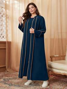 Al Najma Plus Size Color Block Casual Modest Arabic Style Dress, Robe Abaya - Navy Blue - View 8