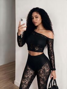 BamGleam Sexy Mesh Asymmetric Neck Top And Leggings Halloween Club Party Black Floral Autumn - Black - View 4