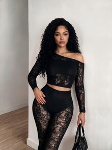 BamGleam Sexy Mesh Asymmetric Neck Top And Leggings Halloween Club Party Black Floral Autumn - Black - View 6
