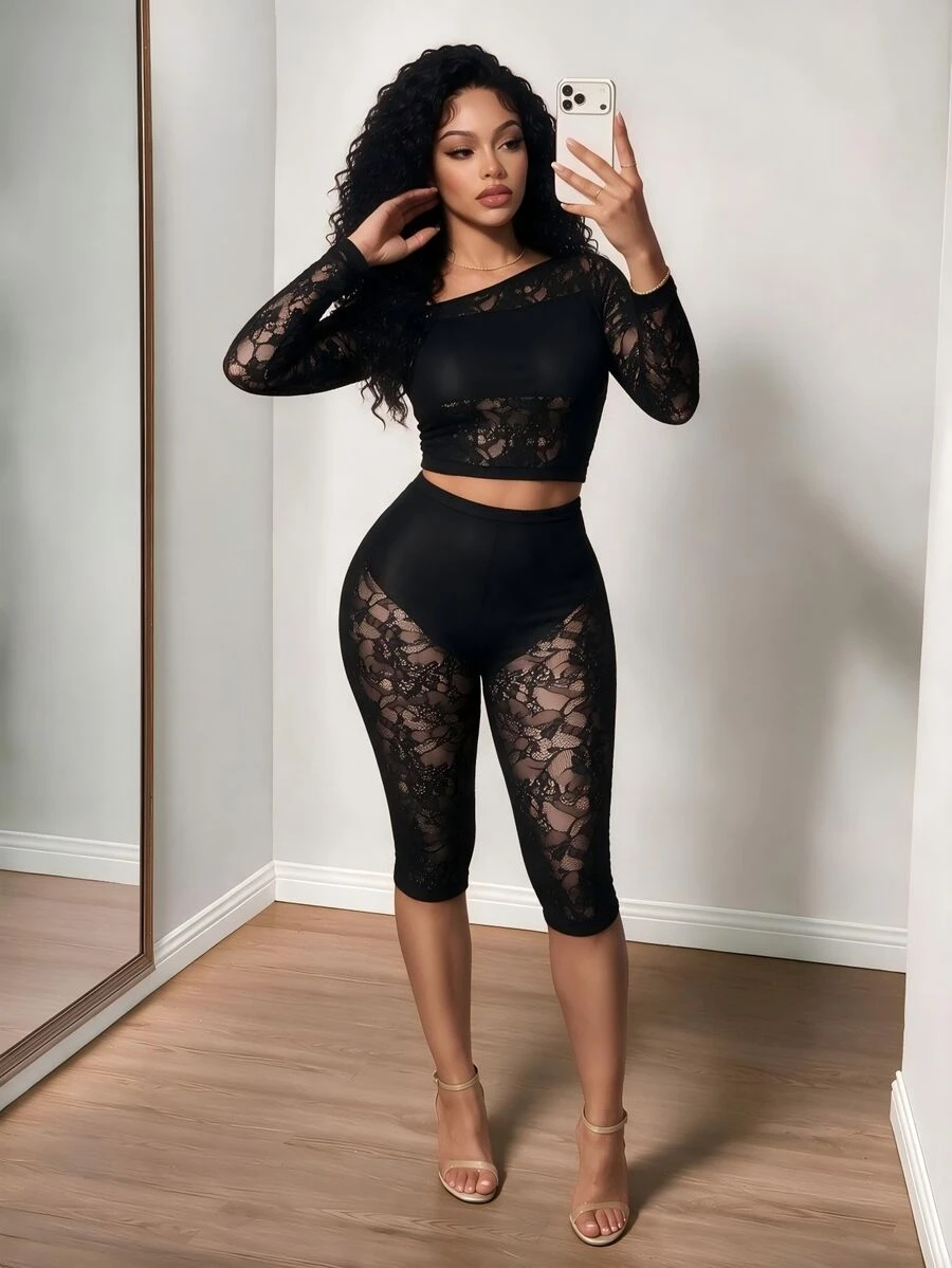 BamGleam Sexy Mesh Asymmetric Neck Top And Leggings Halloween Club Party Black Floral Autumn