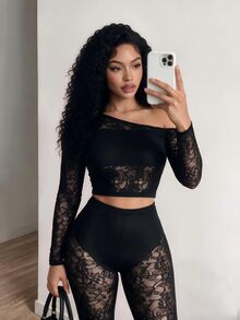 BamGleam Sexy Mesh Asymmetric Neck Top And Leggings Halloween Club Party Black Floral Autumn - Black - View 5