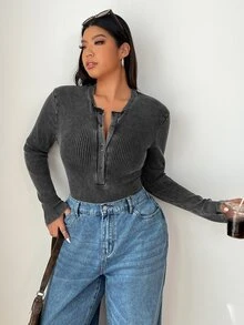 GalTyme 大码女式复古做旧酸洗圆领半拉链长袖T恤，秋冬 - 黑色 - 查看 7
